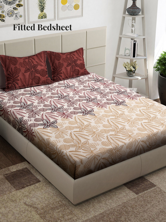 Arrabi Cream Floral TC Cotton Blend Super King Size Fitted Bedsheet with 2 Pillow Covers (270 x 260 cm)