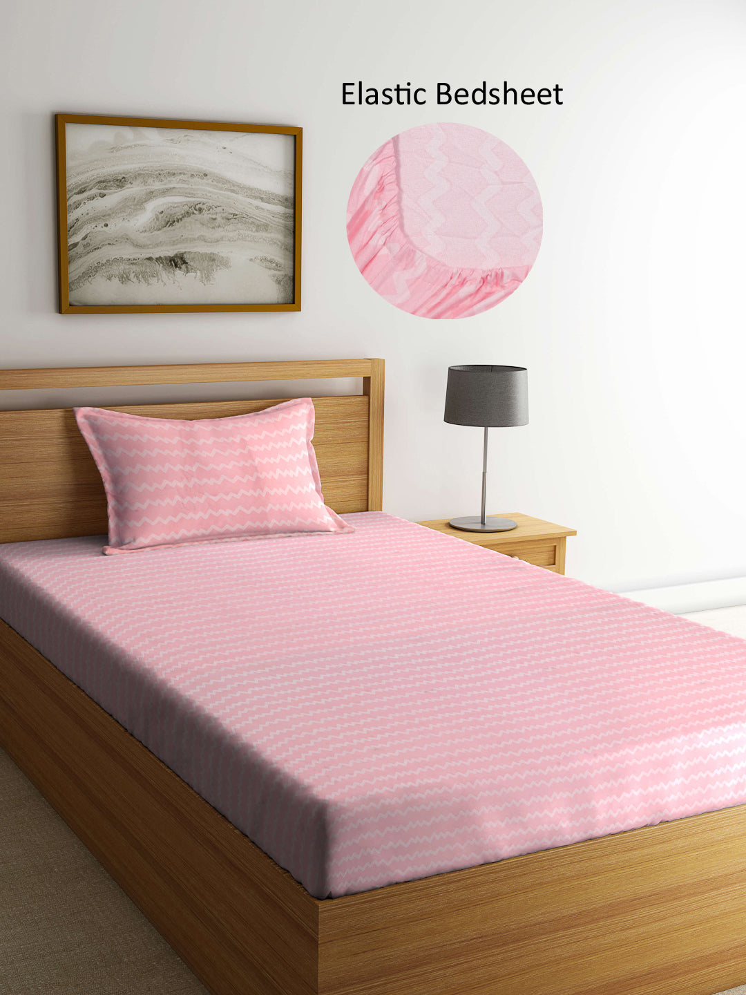 Arrabi Pink Stripes TC Cotton Blend Single Size Fitted Bedsheet with 1 Pillow Cover (215 X 150 cm)
