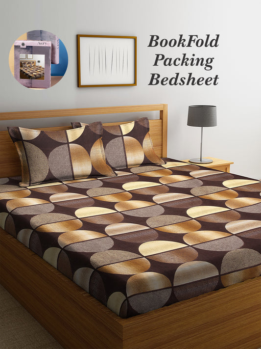 Arrabi Brown Geometric TC Cotton Blend King Size Bookfold Bedsheet with 2 Pillow Covers (250 X 220 cm)