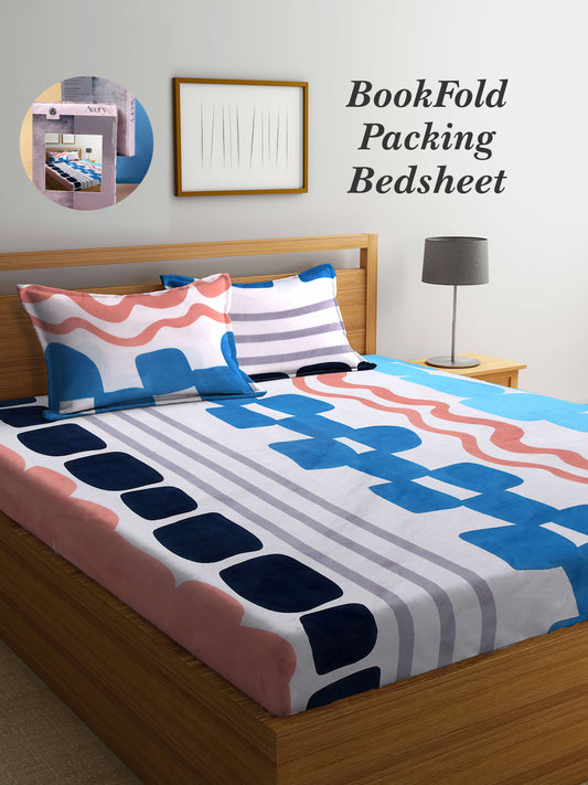 Arrabi Multi Graphic TC Cotton Blend King Size Bookfold Bedsheet with 2 Pillow Covers (250 X 215 cm)