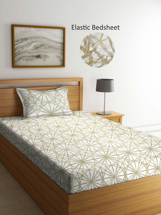 Arrabi Beige Geometric TC Cotton Blend Single Size Fitted Bedsheet with 1 Pillow Cover (215 X 150 cm)