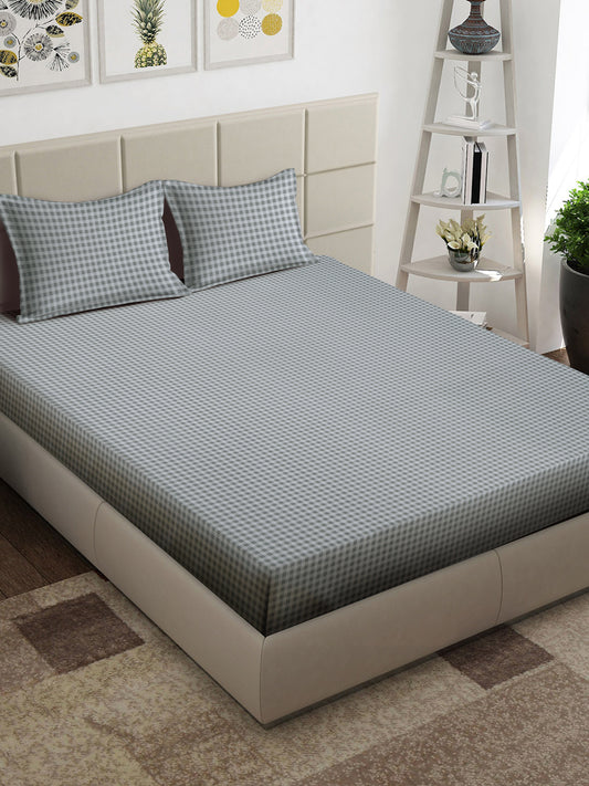 Arrabi Grey Checks TC Cotton Blend King Size Bedsheet with 2 Pillow Covers (250 x 215 cm)