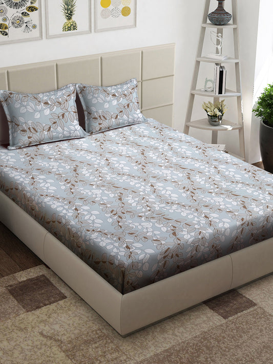 Arrabi Grey Leaf TC Cotton Blend King Size Bedsheet with 2 Pillow Covers (250 x 215 cm)