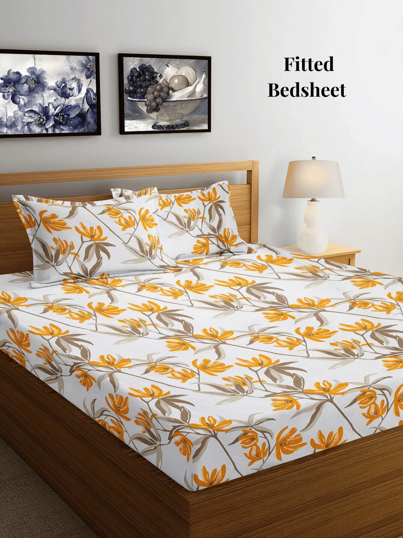 Arrabi Multi Floral TC Cotton Blend King Size Fitted Bedsheet with 2 Pillow Covers (250 X 215 Cm)