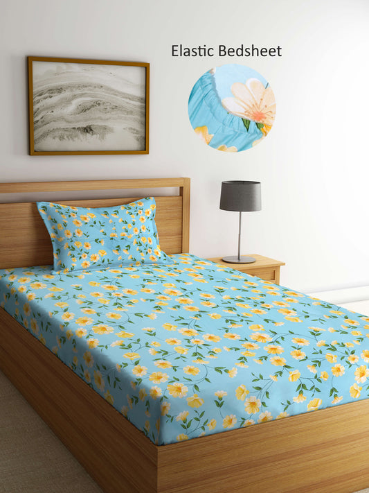 Arrabi Teal Floral TC Cotton Blend Single Size Fitted Bedsheet with 1 Pillow Cover (215 X 150 cm)