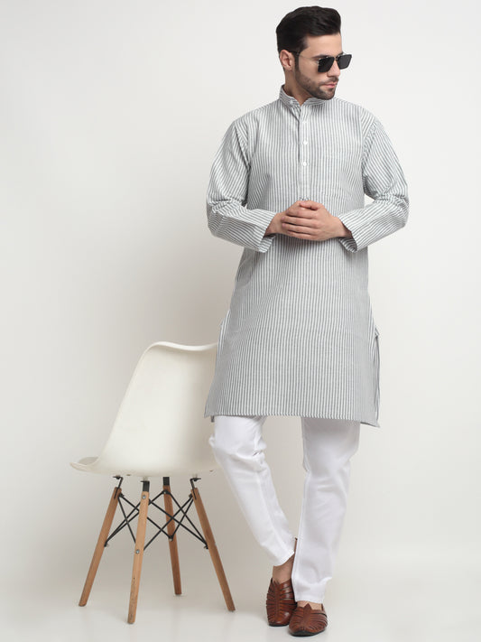 Arrabi Men Grey Pure Cotton Striped Kurta Pyjama Set with Pockets