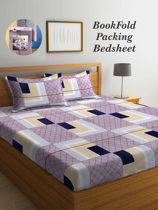 Arrabi Multi Geometric TC Cotton Blend King Size Bookfold Bedsheet with 2 Pillow Covers (250 X 215 cm)