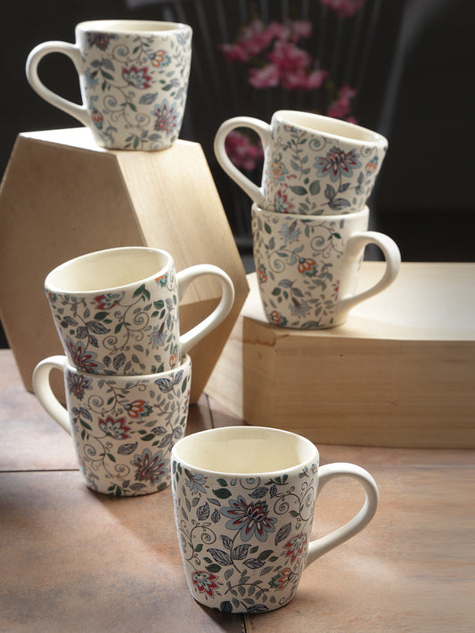 Handcrafted Printed Stoneware Matte Floral Tea set (Set of 6)