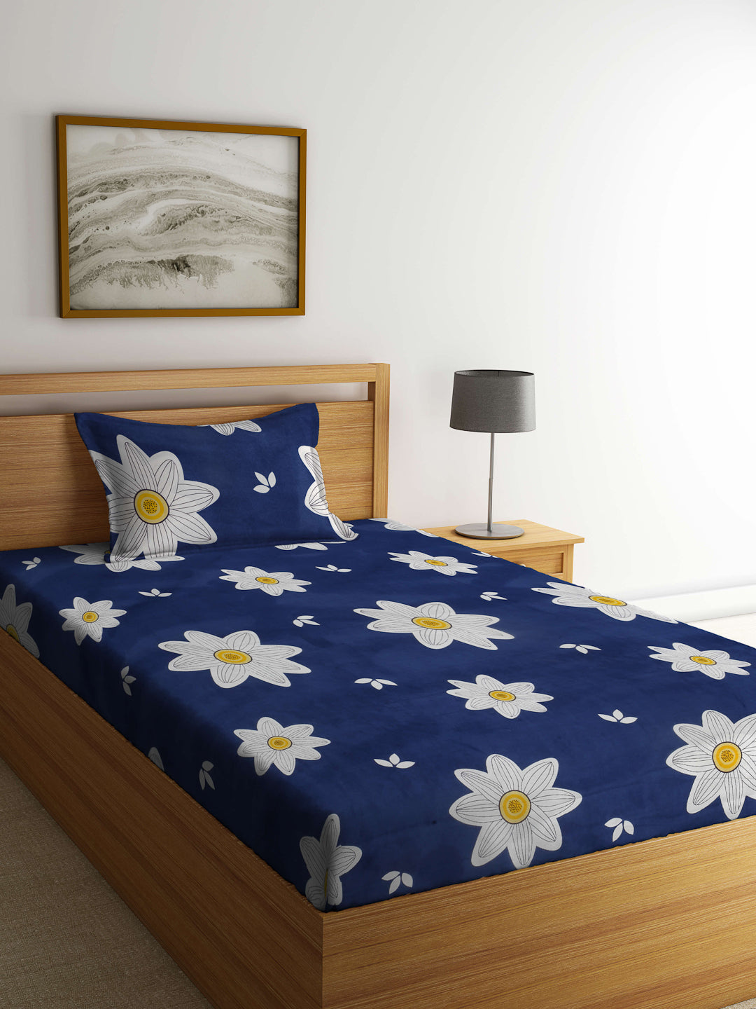 Arrabi Blue Floral TC Cotton Blend Single Size Bedsheet with 1 Pillow Cover (215 x 150 cm)