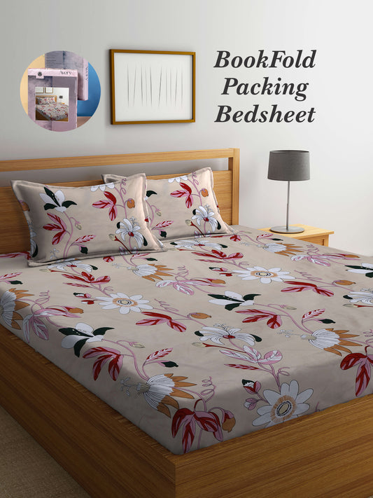 Arrabi Brown Floral TC Cotton Blend King Size Bookfold Bedsheet with 2 Pillow Covers (250 X 215 cm)