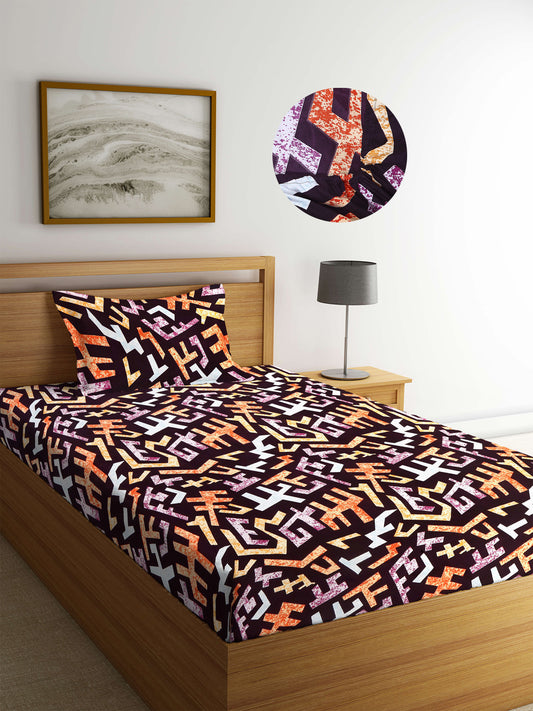 Arrabi Multi Graphic TC Cotton Blend Single Size Fitted Bedsheet with 1 Pillow Cover (220 X 150 cm)