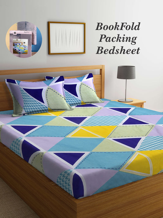 Arrabi Multi Geometric TC Cotton Blend King Size Bookfold Bedsheet with 2 Pillow Covers (250 X 215 cm)