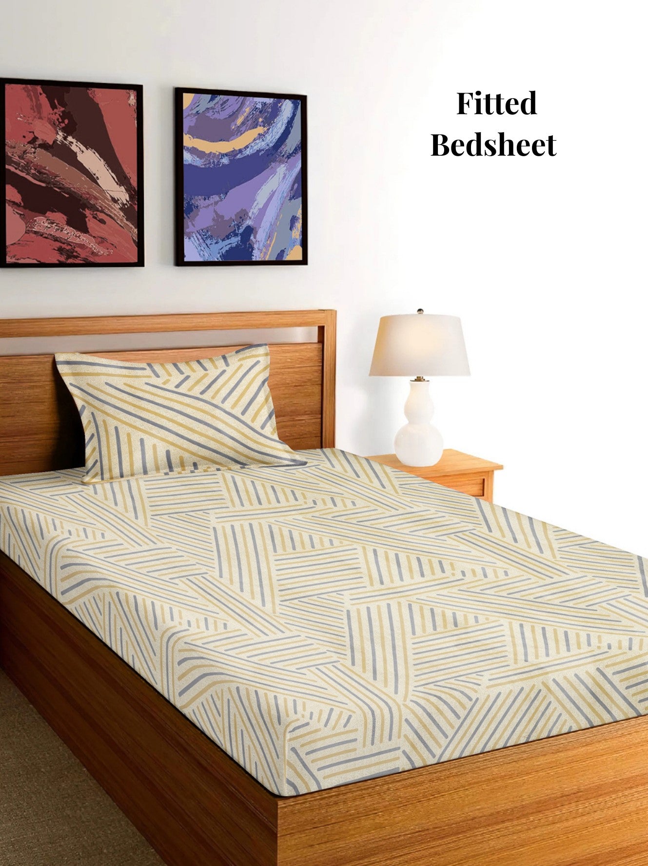 Arrabi Beige Stripes TC Cotton Blend Single Size Fitted Bedsheet with 1 Pillow Cover (215 x 150 cm)