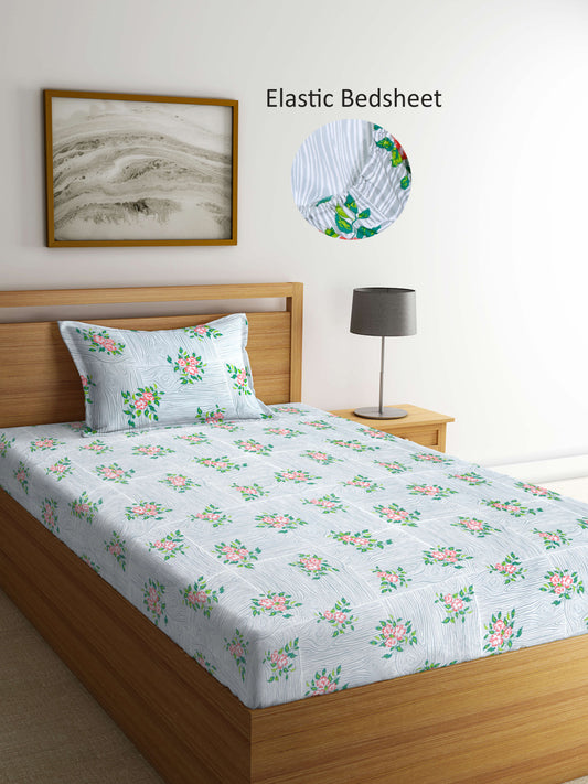 Arrabi Grey Floral TC Cotton Blend Single Size Fitted Bedsheet with 1 Pillow Cover (215 X 150 cm)