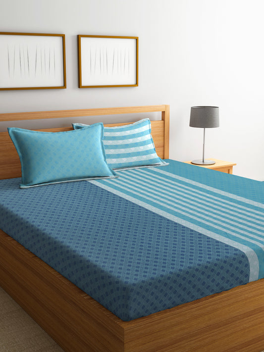 Arrabi Blue Stripes Handwoven Cotton King Size Bedsheet with 2 Pillow Covers (260 X 230 cm)