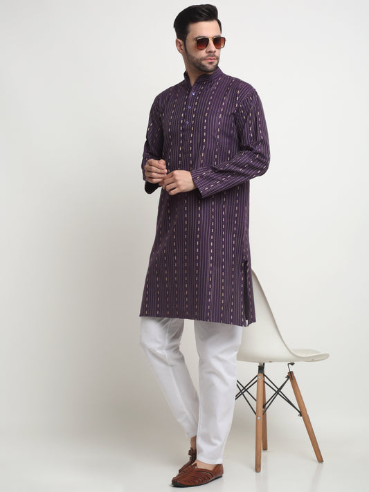 Arrabi Men Purple Pure Cotton Geometric Kurta Pyjama Set with Pockets