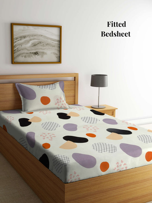 Arrabi Cream Geometric TC Cotton Blend Single Size Fitted Bedsheet with 1 Pillow Cover (215 x 150 cm)