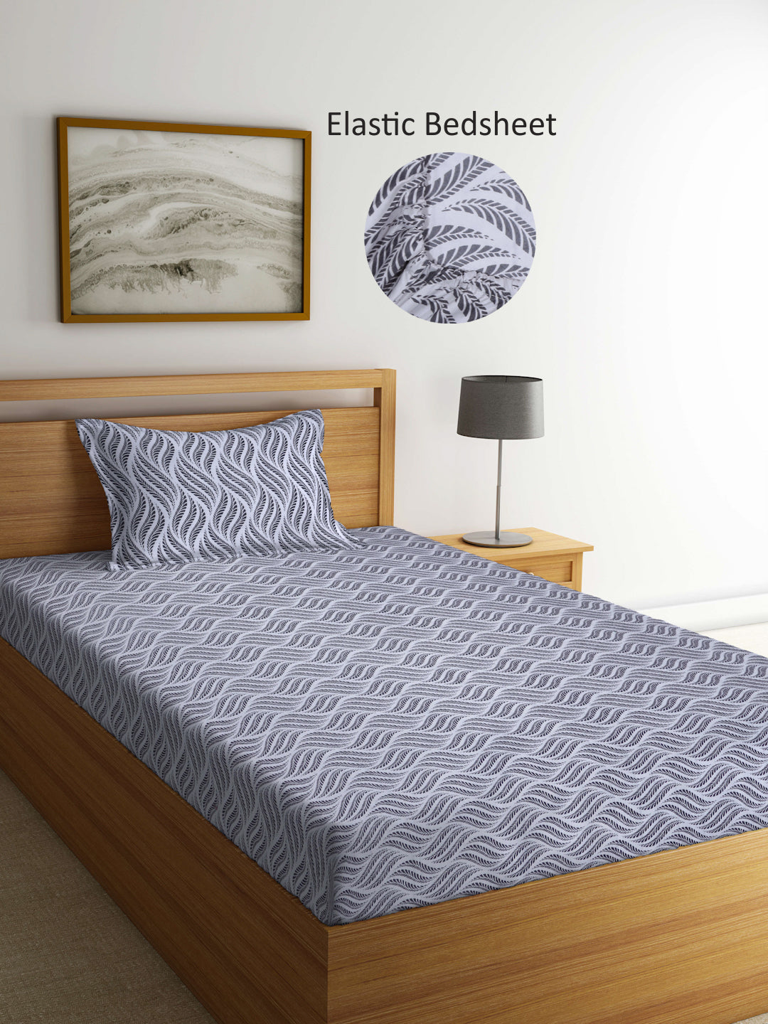 Arrabi Grey Geometric TC Cotton Blend Single Size Fitted Bedsheet with 1 Pillow Cover (215 X 150 cm)