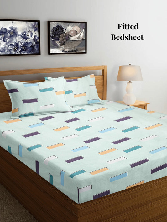 Arrabi Green Geometric TC Cotton Blend King Size Fitted Bedsheet with 2 Pillow Covers (250 X 215 Cm)