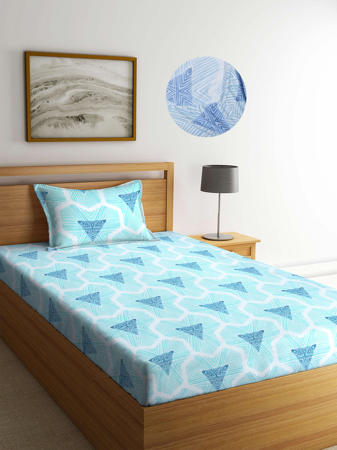 Arrabi Blue Geometric TC Cotton Blend Single Size Fitted Bedsheet with 1 Pillow Cover (220 X 150 cm)