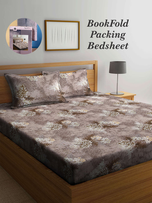 Arrabi Brown Floral TC Cotton Blend King Size Bookfold Bedsheet with 2 Pillow Covers (250 X 220 cm)