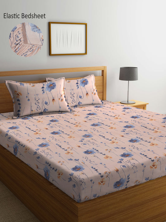 Arrabi Peach Floral TC Cotton Blend Super King Size Fitted Bedsheet with 2 Pillow Covers (270 X 260 Cm )