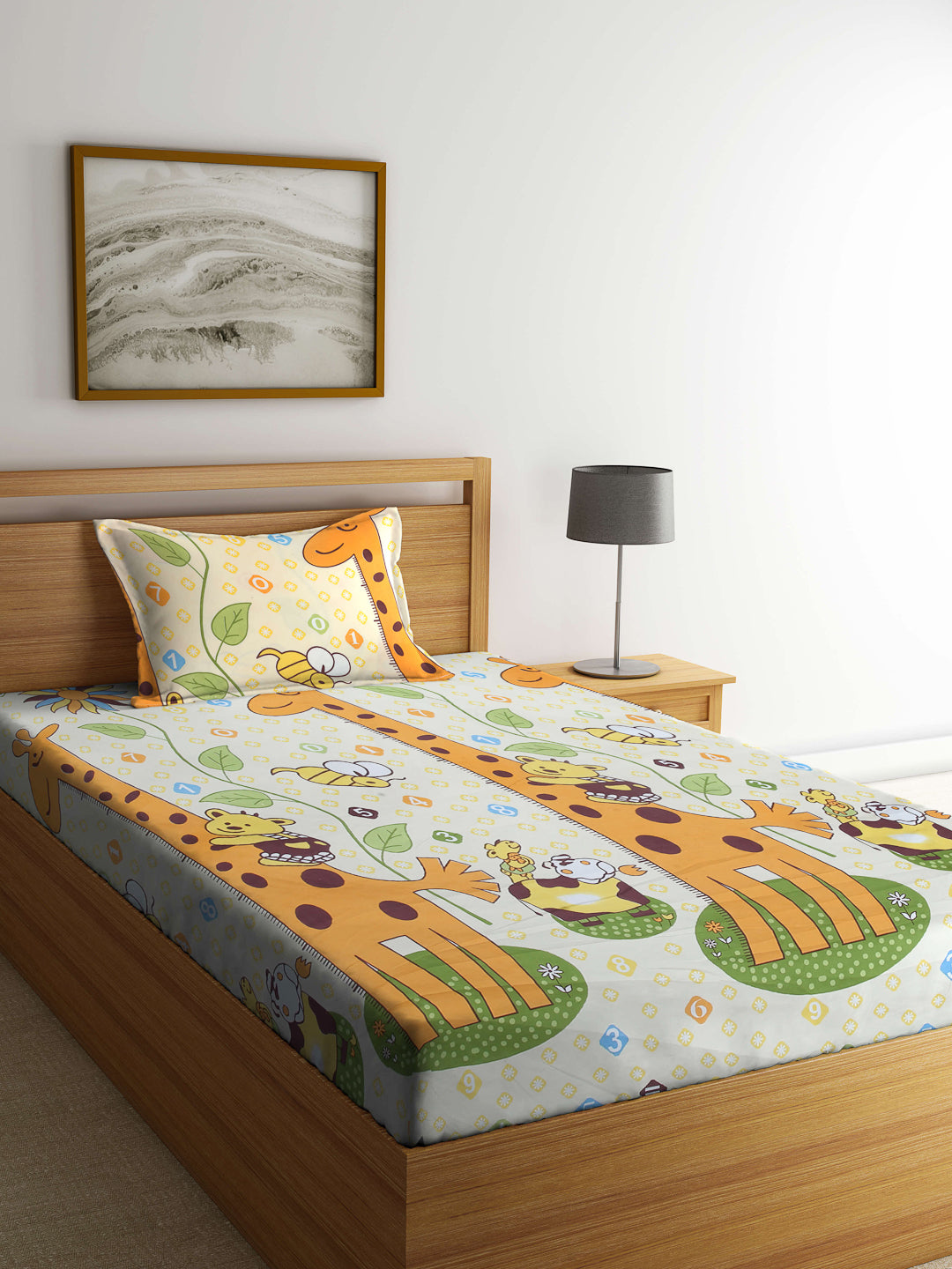 Arrabi Multi Cartoon TC Cotton Blend Single Size Bedsheet with 1 Pillow Cover (215 x 150 cm)