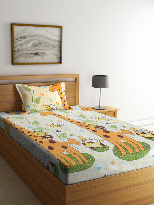 Arrabi Multi Cartoon TC Cotton Blend Single Size Bedsheet with 1 Pillow Cover (215 x 150 cm)
