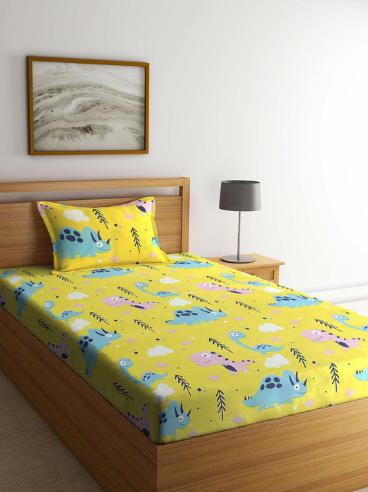 Arrabi Yellow Cartoon TC Cotton Blend Single Size Bedsheet with 1 Pillow Cover (215 x 150 cm)