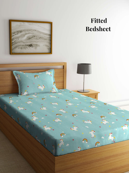 Arrabi Multi Cartoon TC Cotton Blend Single Size Fitted Bedsheet with 1 Pillow Cover (215 x 150 cm)
