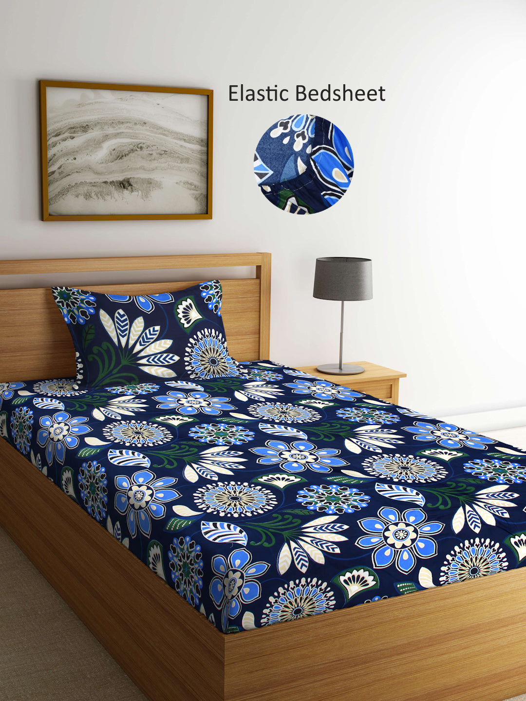 Arrabi Blue Floral TC Cotton Blend Single Size Fitted Bedsheet with 1 Pillow Cover (215 X 150 cm)