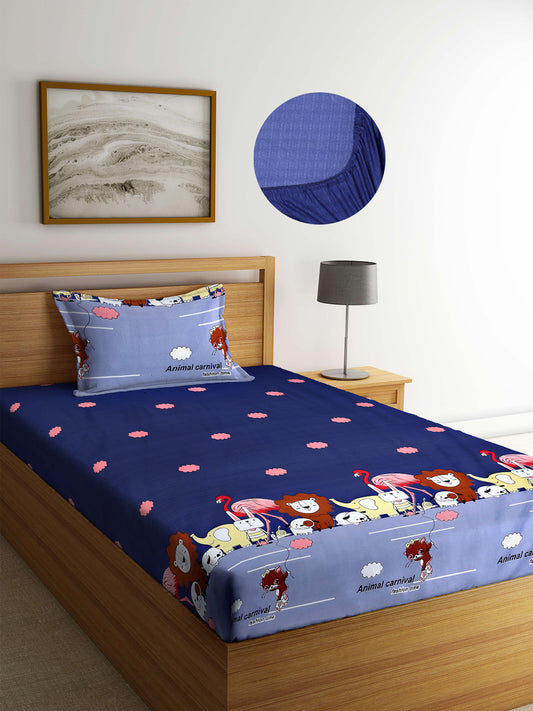 Arrabi Blue Cartoon TC Cotton Blend Single Size Fitted Bedsheet with 1 Pillow Cover (220 X 150 cm)