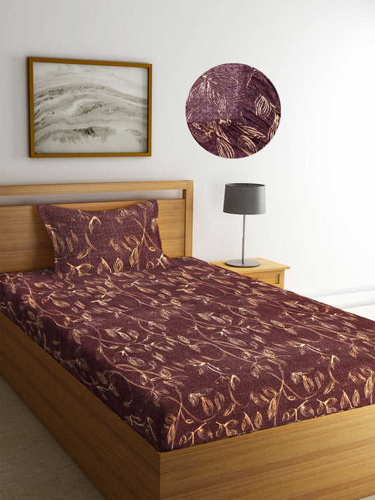 Arrabi Brown Leaf TC Cotton Blend Single Size Fitted Bedsheet with 1 Pillow Cover (220 X 150 cm)