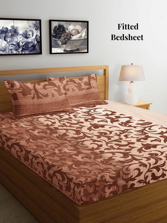 Arrabi Brown Floral TC Cotton Blend King Size Fitted Bedsheet with 2 Pillow Covers (250 X 215 Cm)