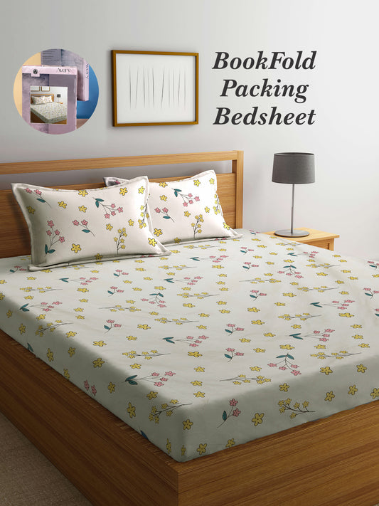 Arrabi Cream Floral TC Cotton Blend King Size Bookfold Bedsheet with 2 Pillow Covers (250 X 215 cm)