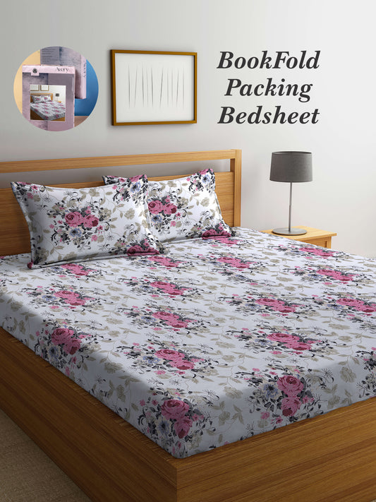 Arrabi White Floral TC Cotton Blend King Size Bookfold Bedsheet with 2 Pillow Covers (250 X 215 cm)