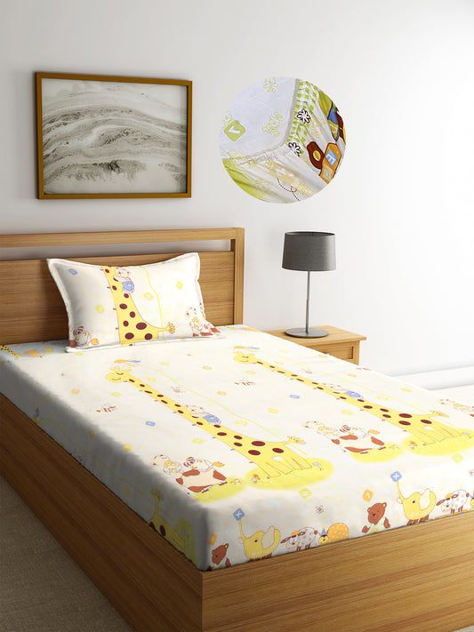Arrabi Yellow Cartoon TC Cotton Blend Single Size Fitted Bedsheet with 1 Pillow Cover (220 X 150 cm)
