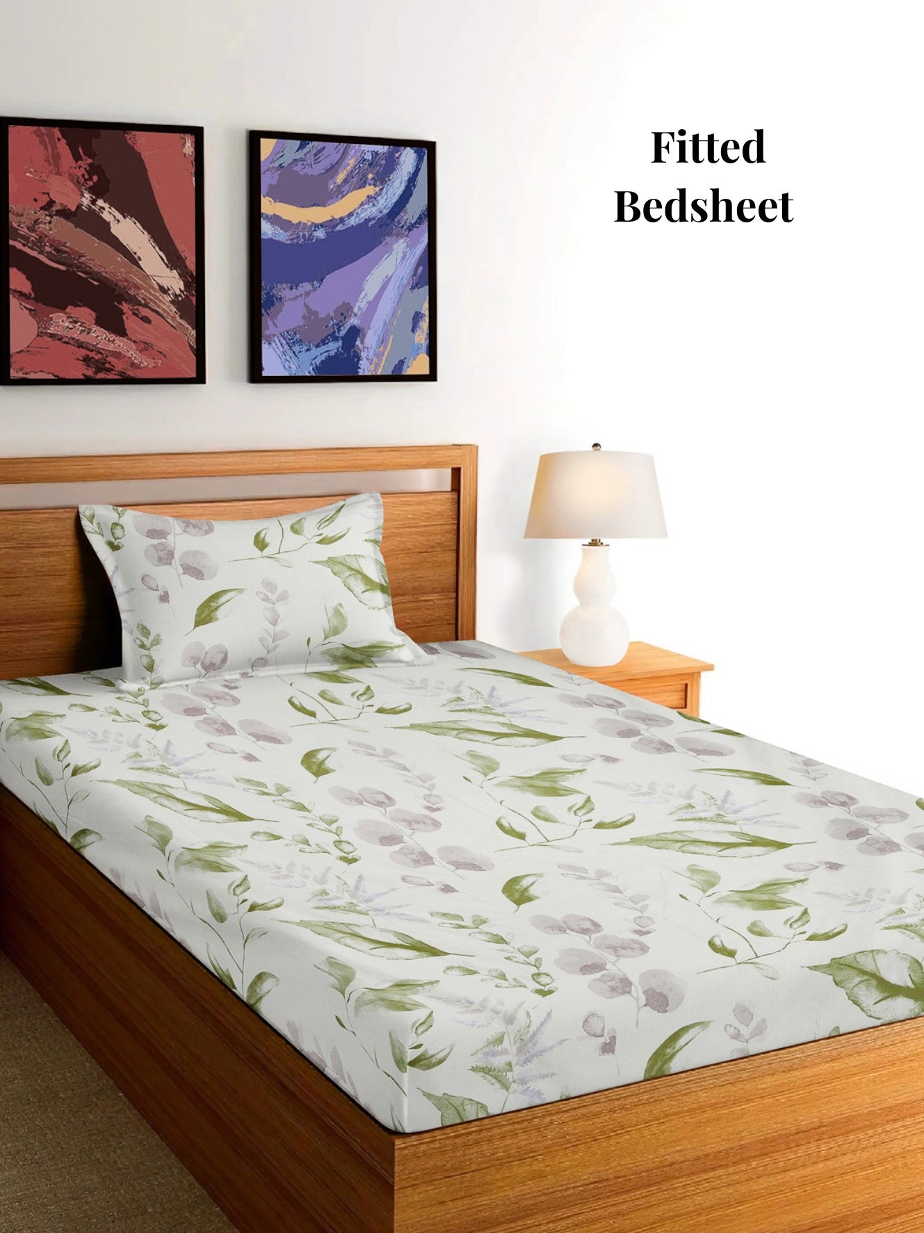 Arrabi Cream Floral TC Cotton Blend Single Size Fitted Bedsheet with 1 Pillow Cover (215 x 150 cm)