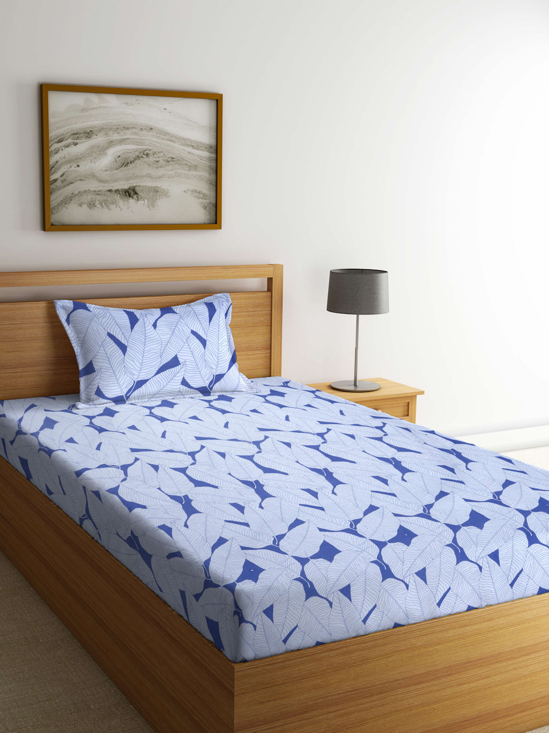 Arrabi Blue Leaf TC Cotton Blend Single Size Bedsheet with 1 Pillow Cover (215 X 150 cm)