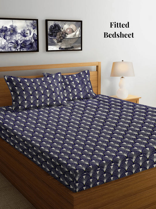 Arrabi Blue Geometric TC Cotton Blend Super King Size Fitted Bedsheet with 2 Pillow Covers (270 X 260 Cm)