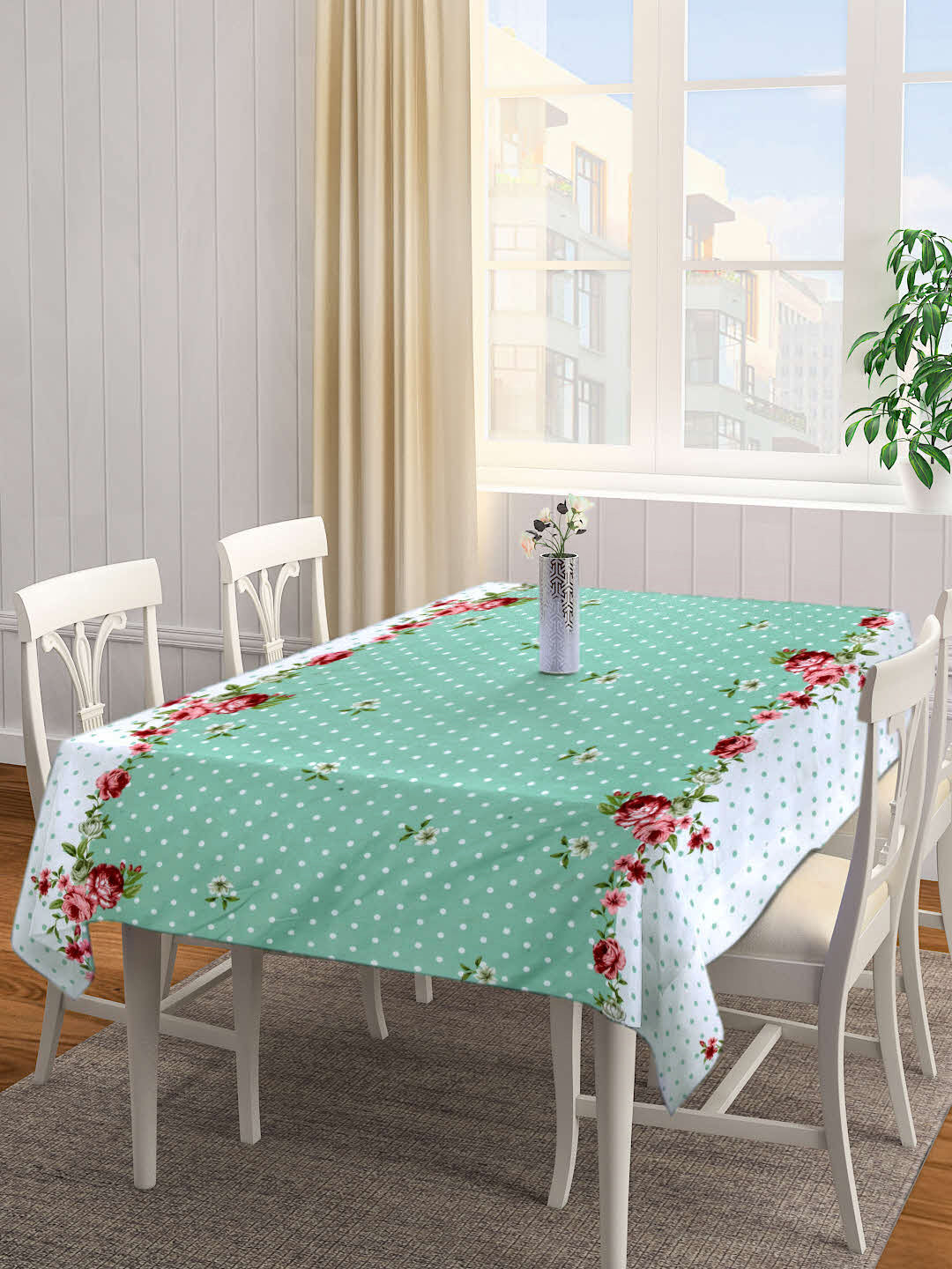 Arrabi Green Floral Cotton Blend 8 SEATER Table Cover (215 X 150 cm)