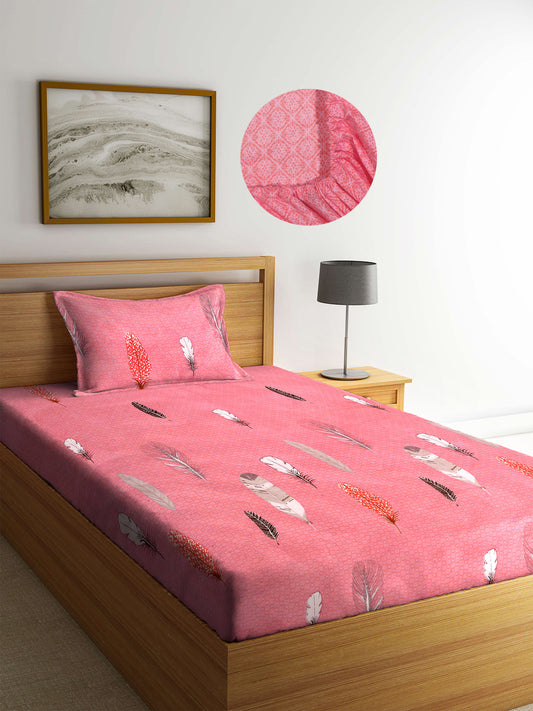 Arrabi Peach Leaf TC Cotton Blend Single Size Fitted Bedsheet with 1 Pillow Cover (220 X 150 cm)