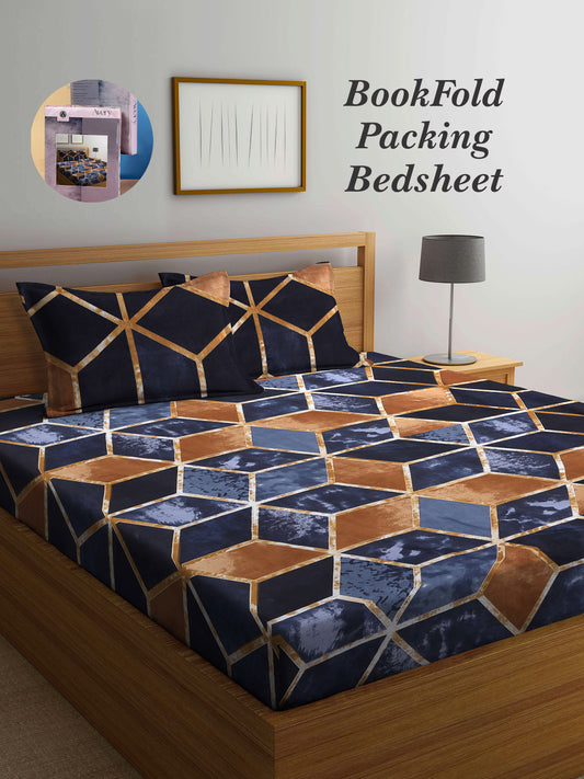 Arrabi Brown Geometric TC Cotton Blend King Size Bookfold Bedsheet with 2 Pillow Covers (250 X 215 cm)