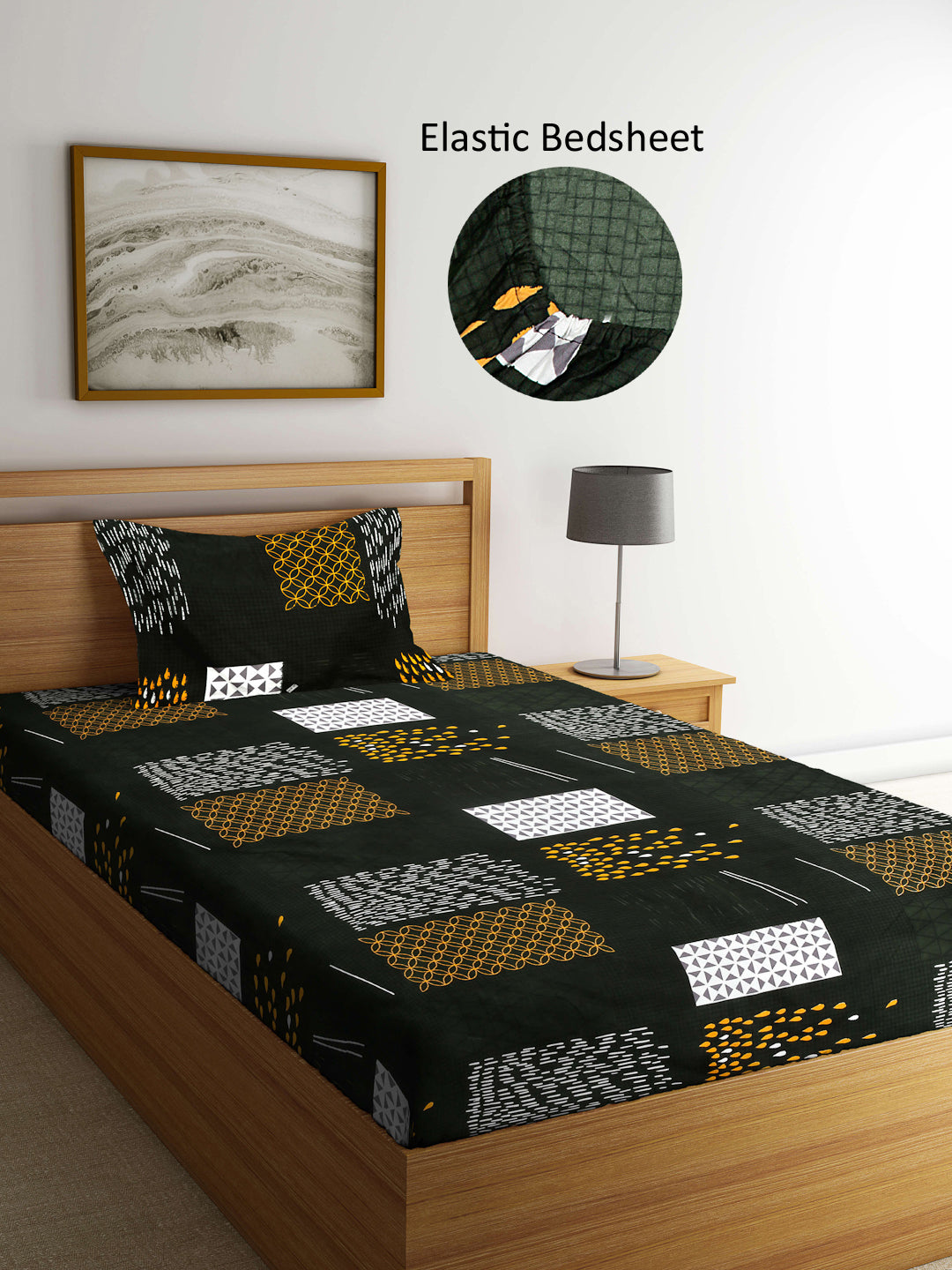 Arrabi Green Geometric TC Cotton Blend Single Size Fitted Bedsheet with 1 Pillow Cover (215 X 150 cm)