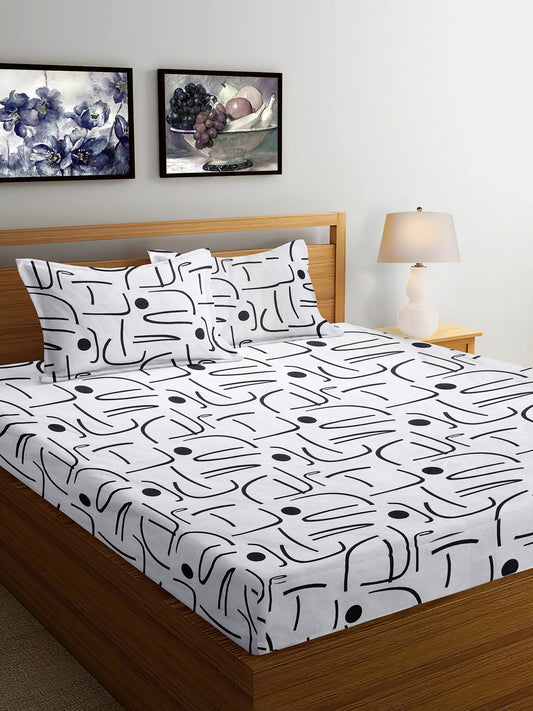 Arrabi Grey Geometric TC Cotton Blend Super King Size Bedsheet with 2 Pillow Covers (270 x 260 cm)