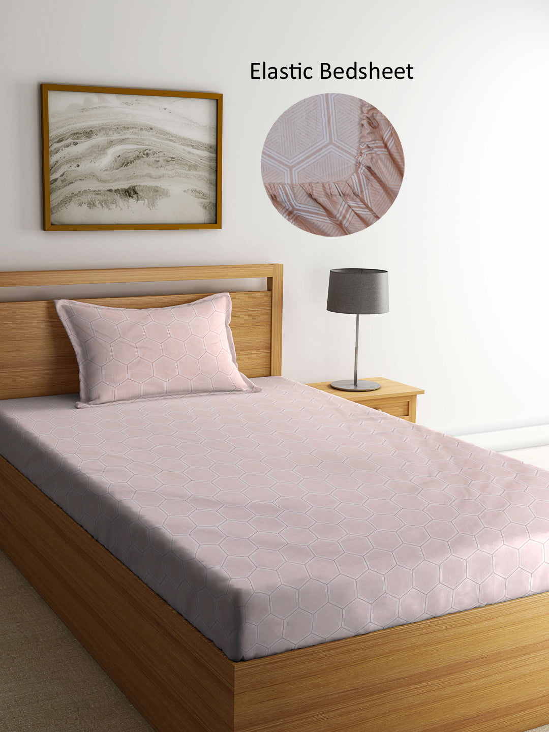 Arrabi Peach Geometric TC Cotton Blend Single Size Fitted Bedsheet with 1 Pillow Cover (215 X 150 cm)