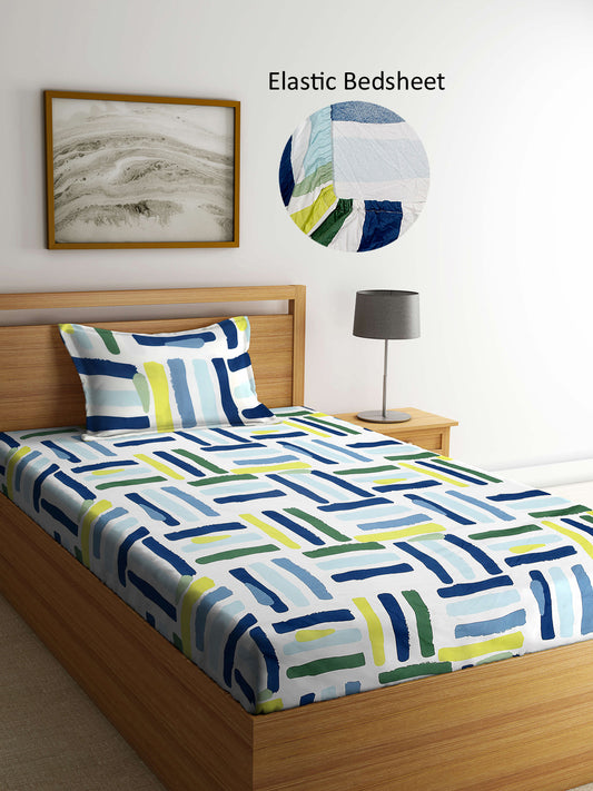 Arrabi Multi Geometric TC Cotton Blend Single Size Fitted Bedsheet with 1 Pillow Cover (215 X 150 cm)