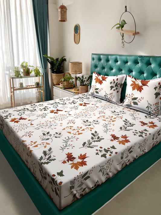 Arrabi Beige Leaf TC Cotton Blend Super King Size Bedsheet with 2 Pillow Covers (270 x 260 cm)
