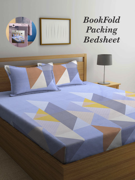 Arrabi Blue Geometric TC Cotton Blend King Size Bookfold Bedsheet with 2 Pillow Covers (250 X 220 cm)
