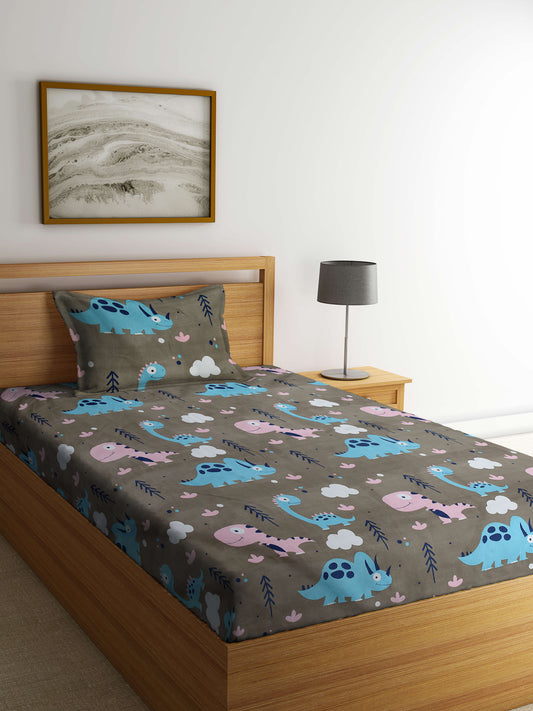 Arrabi Brown Cartoon TC Cotton Blend Single Size Bedsheet with 1 Pillow Cover (215 x 150 cm)